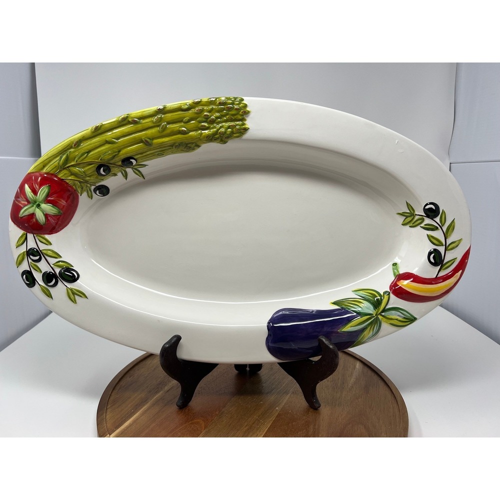 Oval Serving Platter Vegetable Decor Ceramic Italian Inspired Farmhouse Kitchen